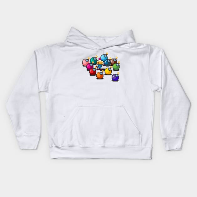 Bomberman rainbow bombs pixel art Kids Hoodie by PXLFLX